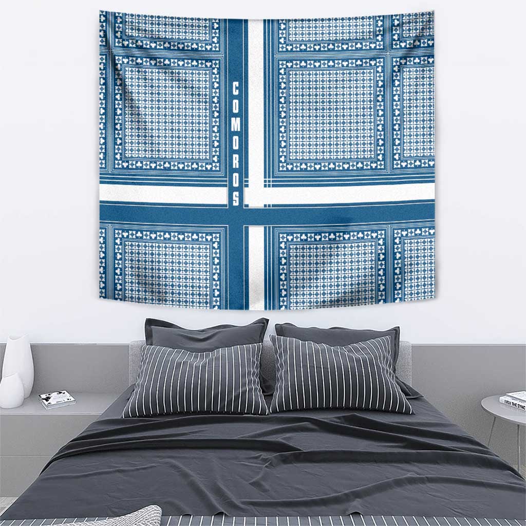Comoros Tapestry with Blue and White Traditional Geometric Pattern and National Flag Detail