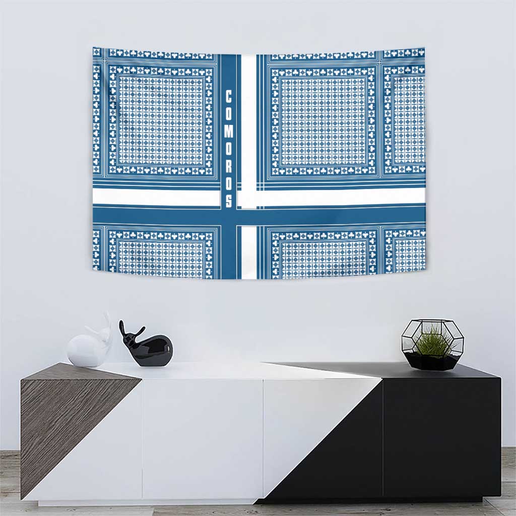 Comoros Tapestry with Blue and White Traditional Geometric Pattern and National Flag Detail