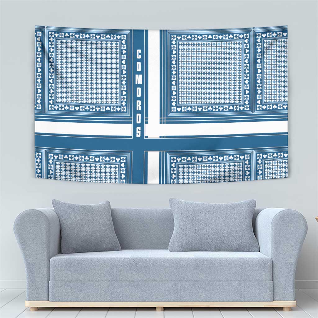 Comoros Tapestry with Blue and White Traditional Geometric Pattern and National Flag Detail