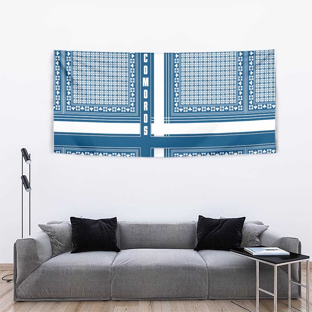 Comoros Tapestry with Blue and White Traditional Geometric Pattern and National Flag Detail