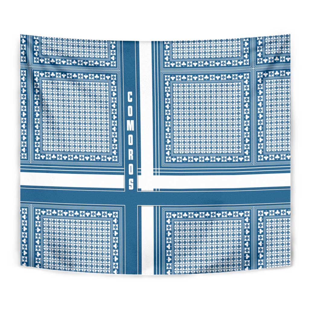 Comoros Tapestry with Blue and White Traditional Geometric Pattern and National Flag Detail