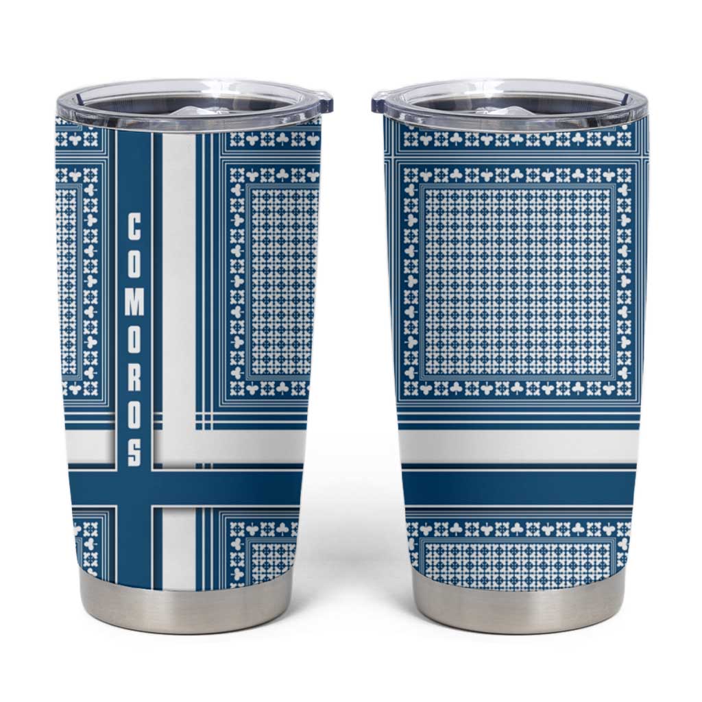 Comoros Tumbler Cup with Blue and White Traditional Geometric Pattern and National Flag Detail
