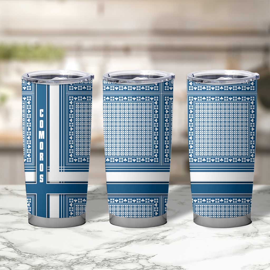 Comoros Tumbler Cup with Blue and White Traditional Geometric Pattern and National Flag Detail