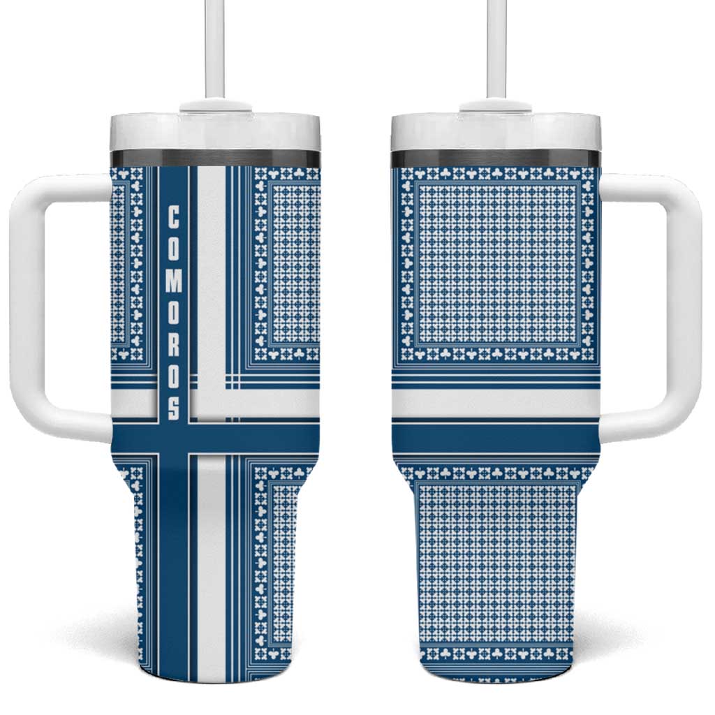 Comoros Tumbler With Handle with Blue and White Traditional Geometric Pattern and National Flag Detail