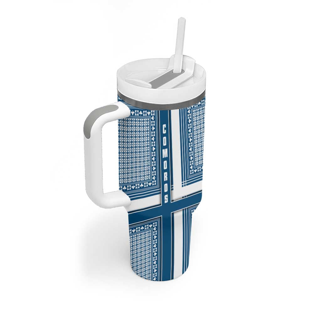 Comoros Tumbler With Handle with Blue and White Traditional Geometric Pattern and National Flag Detail