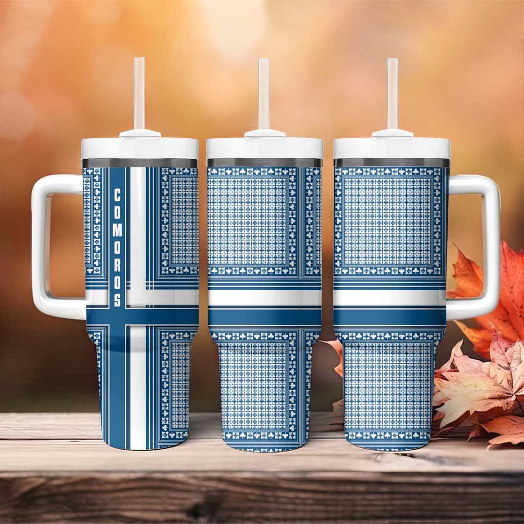 Comoros Tumbler With Handle with Blue and White Traditional Geometric Pattern and National Flag Detail