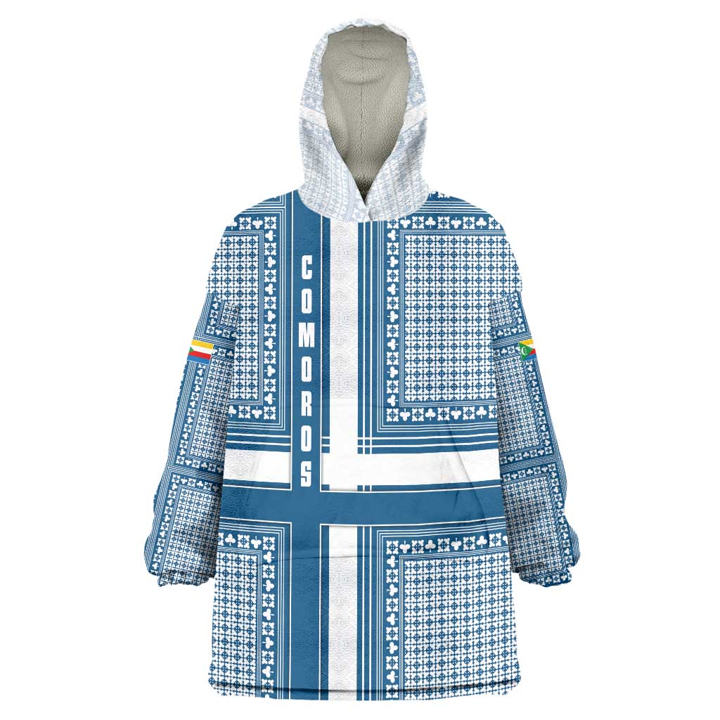 Comoros Wearable Blanket Hoodie with Blue and White Traditional Geometric Pattern and National Flag Detail
