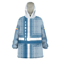 Comoros Wearable Blanket Hoodie with Blue and White Traditional Geometric Pattern and National Flag Detail