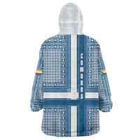 Comoros Wearable Blanket Hoodie with Blue and White Traditional Geometric Pattern and National Flag Detail