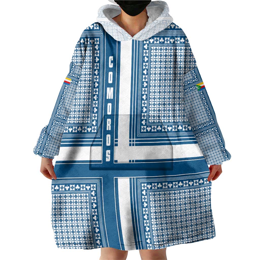 Comoros Wearable Blanket Hoodie with Blue and White Traditional Geometric Pattern and National Flag Detail