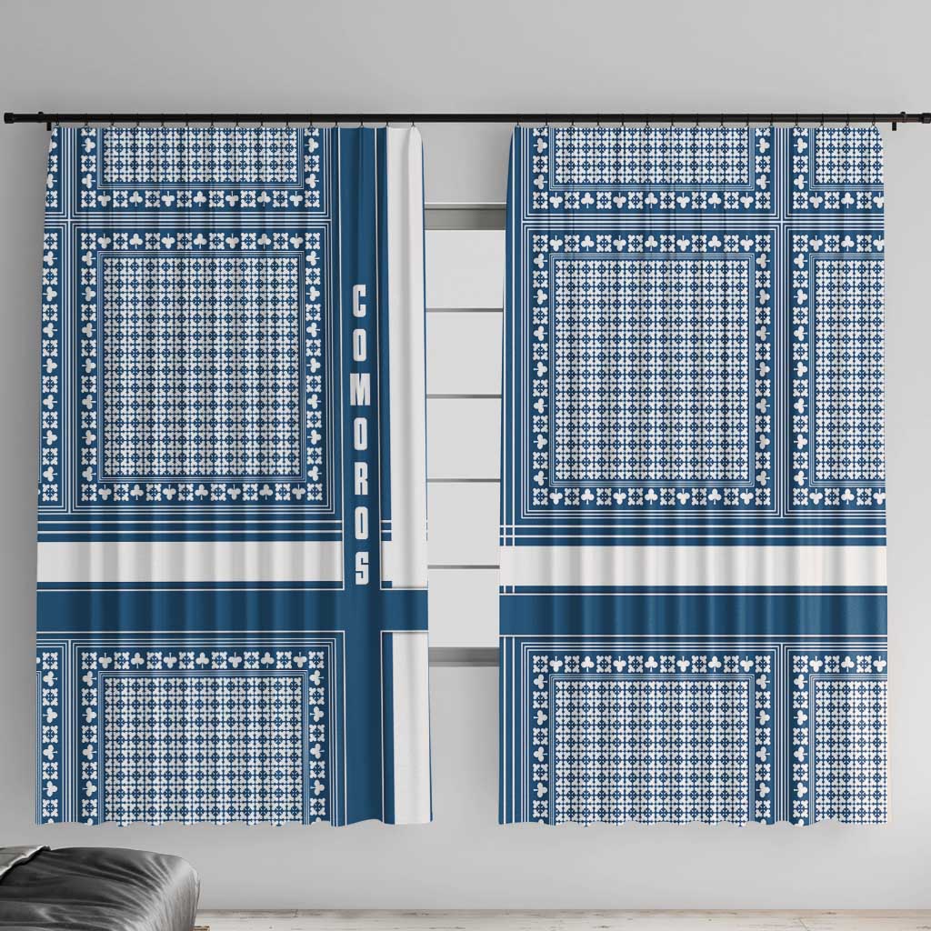 Comoros Window Curtain with Blue and White Traditional Geometric Pattern and National Flag Detail