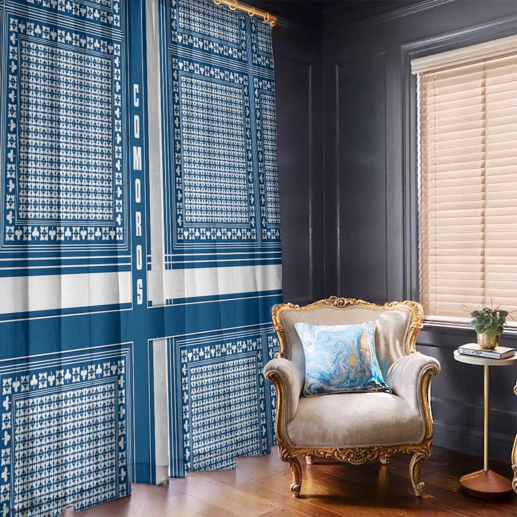 Comoros Window Curtain with Blue and White Traditional Geometric Pattern and National Flag Detail