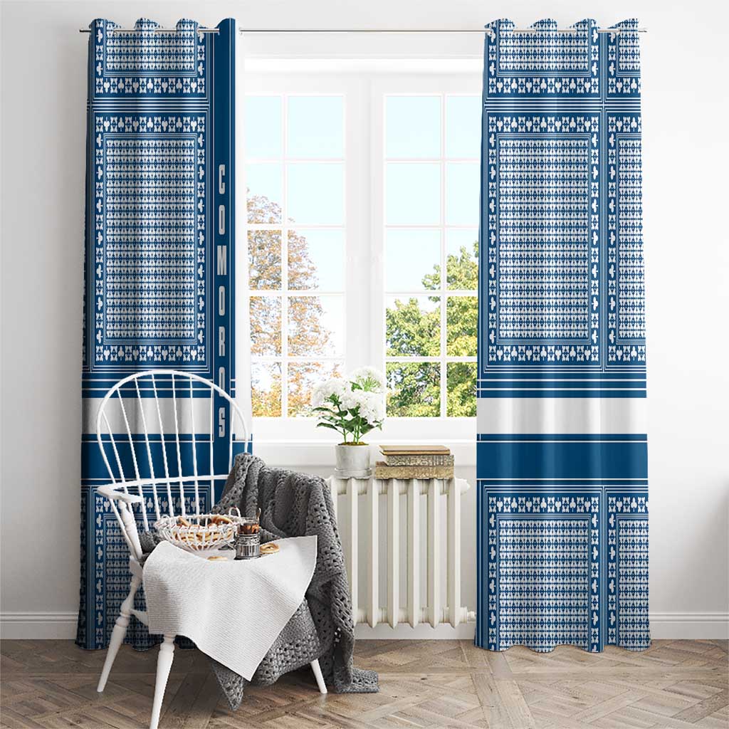 Comoros Window Curtain with Blue and White Traditional Geometric Pattern and National Flag Detail