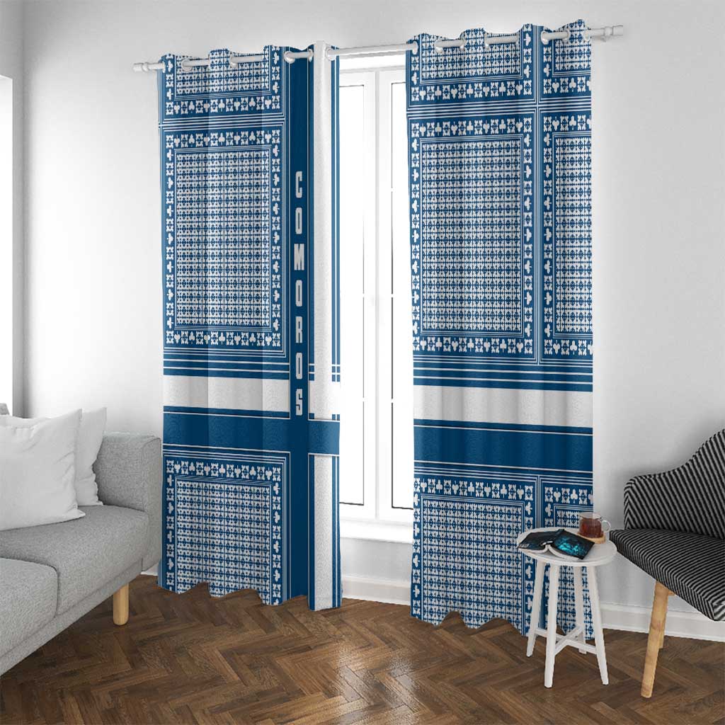 Comoros Window Curtain with Blue and White Traditional Geometric Pattern and National Flag Detail
