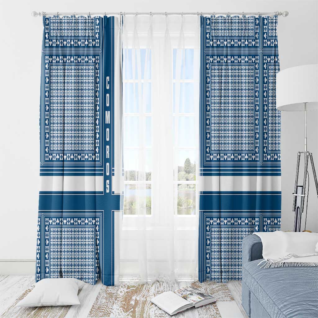 Comoros Window Curtain with Blue and White Traditional Geometric Pattern and National Flag Detail