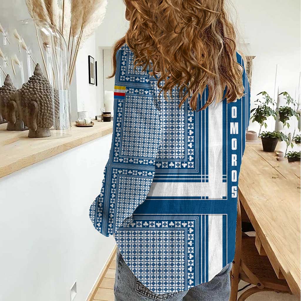 Comoros Women Casual Shirt with Blue and White Traditional Geometric Pattern and National Flag Detail