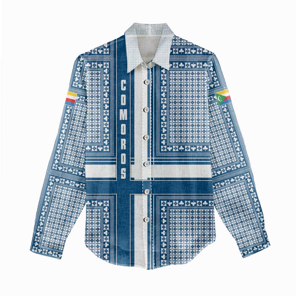Comoros Women Casual Shirt with Blue and White Traditional Geometric Pattern and National Flag Detail