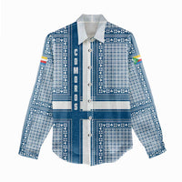 Comoros Women Casual Shirt with Blue and White Traditional Geometric Pattern and National Flag Detail
