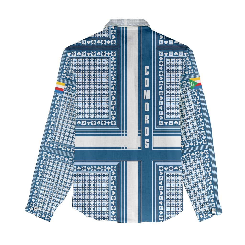 Comoros Women Casual Shirt with Blue and White Traditional Geometric Pattern and National Flag Detail