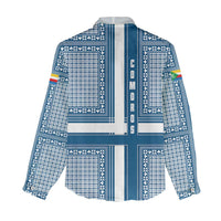 Comoros Women Casual Shirt with Blue and White Traditional Geometric Pattern and National Flag Detail