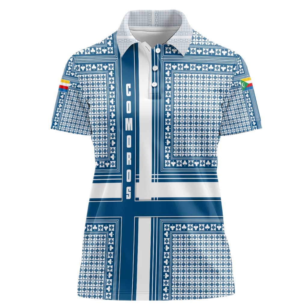 Comoros Women Polo Shirt with Blue and White Traditional Geometric Pattern and National Flag Detail