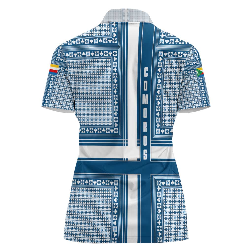 Comoros Women Polo Shirt with Blue and White Traditional Geometric Pattern and National Flag Detail