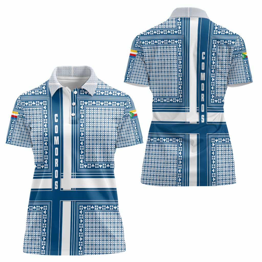 Comoros Women Polo Shirt with Blue and White Traditional Geometric Pattern and National Flag Detail