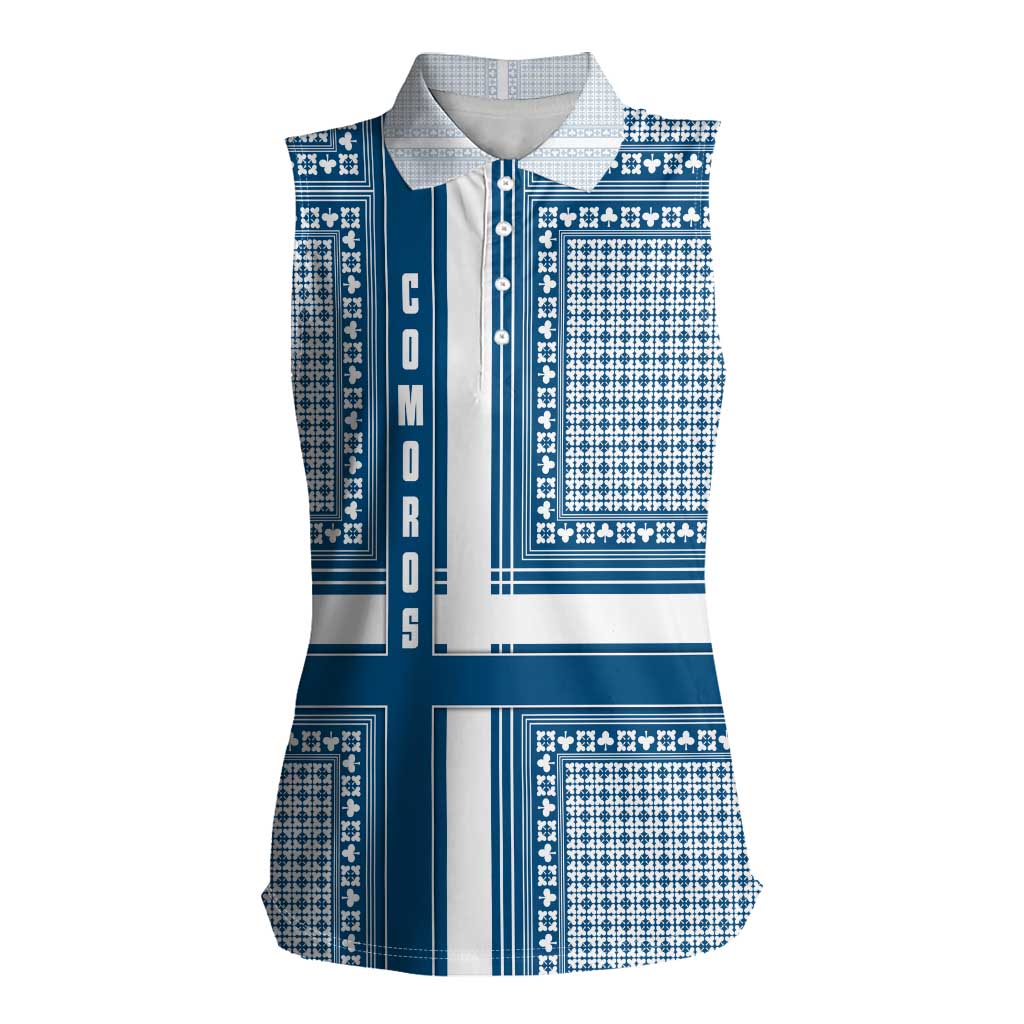 Comoros Women Sleeveless Polo Shirt with Blue and White Traditional Geometric Pattern and National Flag Detail
