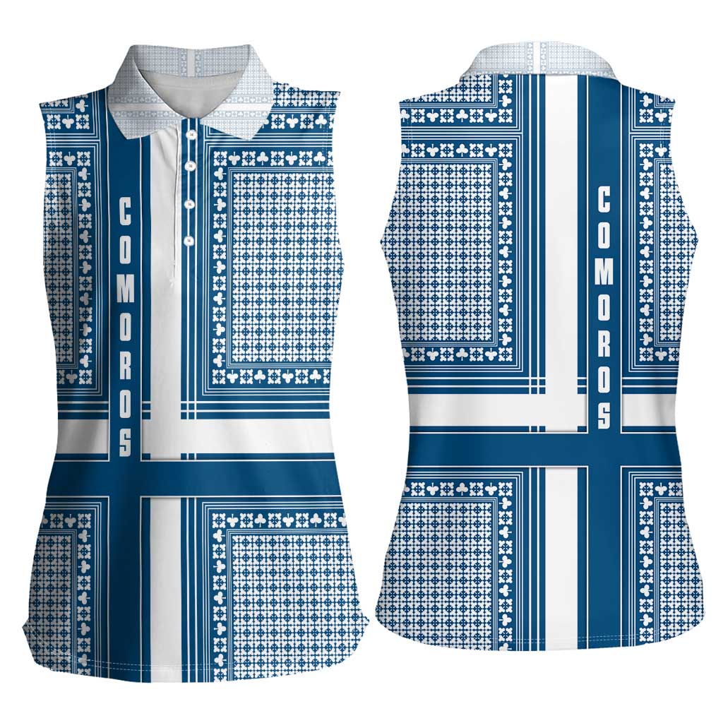 Comoros Women Sleeveless Polo Shirt with Blue and White Traditional Geometric Pattern and National Flag Detail