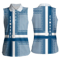 Comoros Women Sleeveless Polo Shirt with Blue and White Traditional Geometric Pattern and National Flag Detail