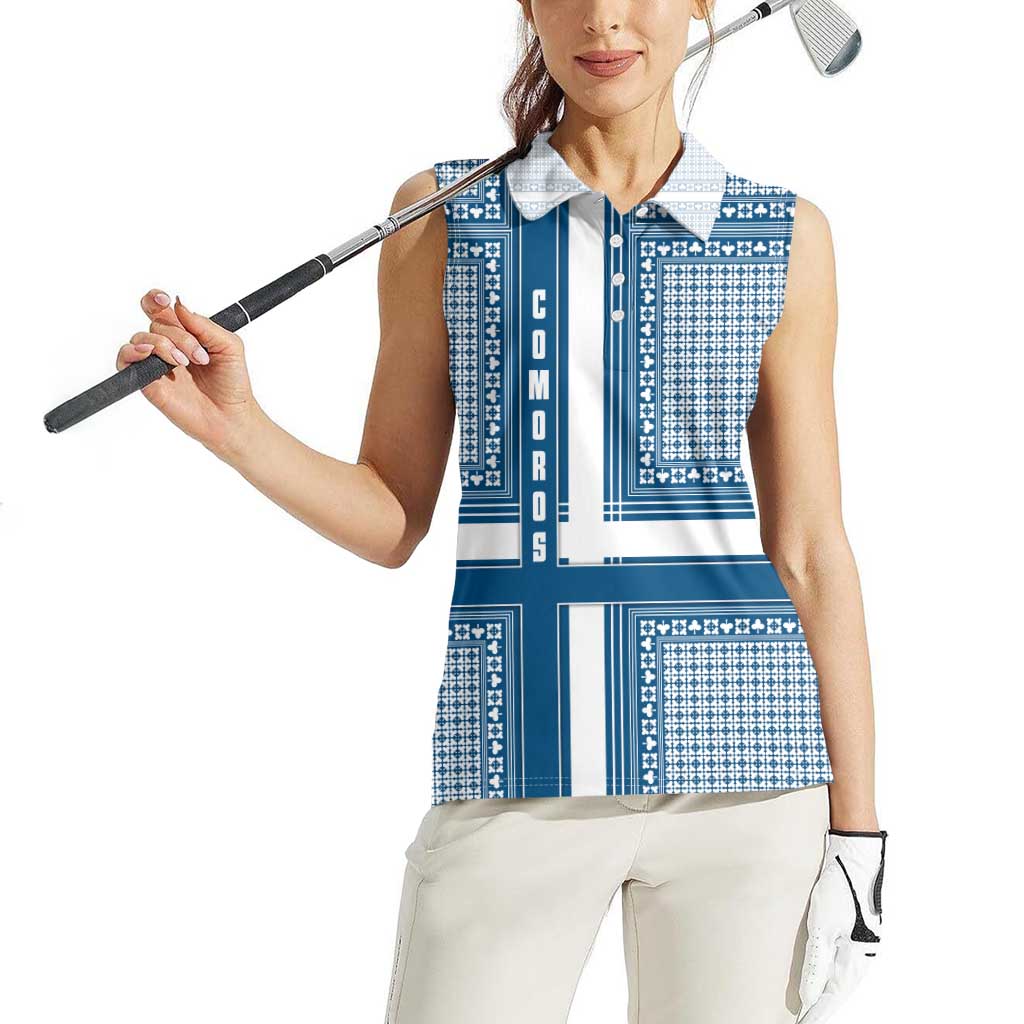 Comoros Women Sleeveless Polo Shirt with Blue and White Traditional Geometric Pattern and National Flag Detail