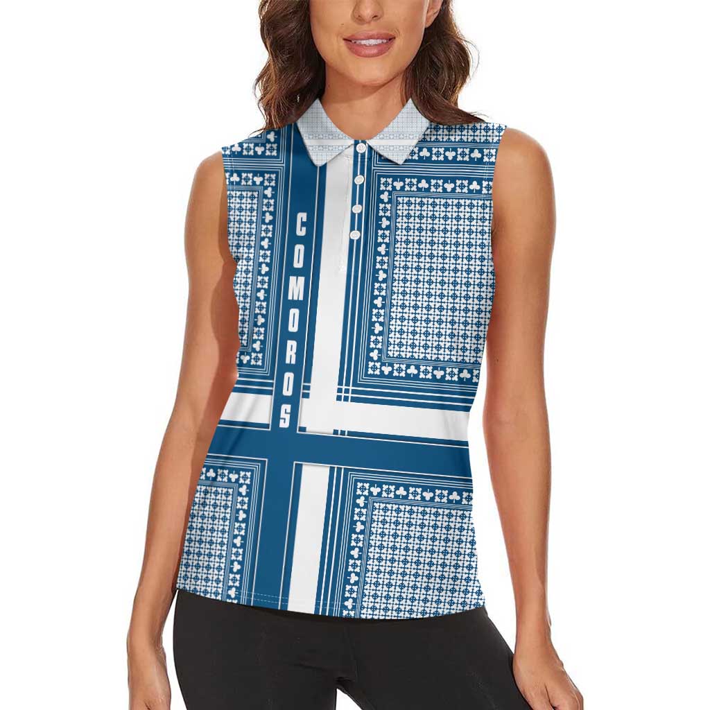 Comoros Women Sleeveless Polo Shirt with Blue and White Traditional Geometric Pattern and National Flag Detail