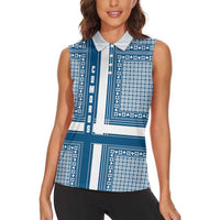 Comoros Women Sleeveless Polo Shirt with Blue and White Traditional Geometric Pattern and National Flag Detail