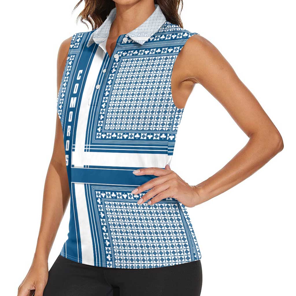 Comoros Women Sleeveless Polo Shirt with Blue and White Traditional Geometric Pattern and National Flag Detail