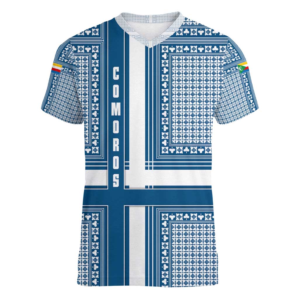 Comoros Women V-Neck T-Shirt with Blue and White Traditional Geometric Pattern and National Flag Detail