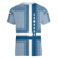 Comoros Women V-Neck T-Shirt with Blue and White Traditional Geometric Pattern and National Flag Detail