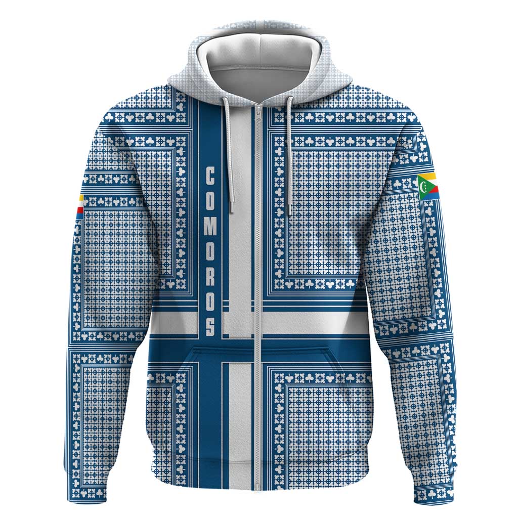 Comoros Zip Hoodie with Blue and White Traditional Geometric Pattern and National Flag Detail