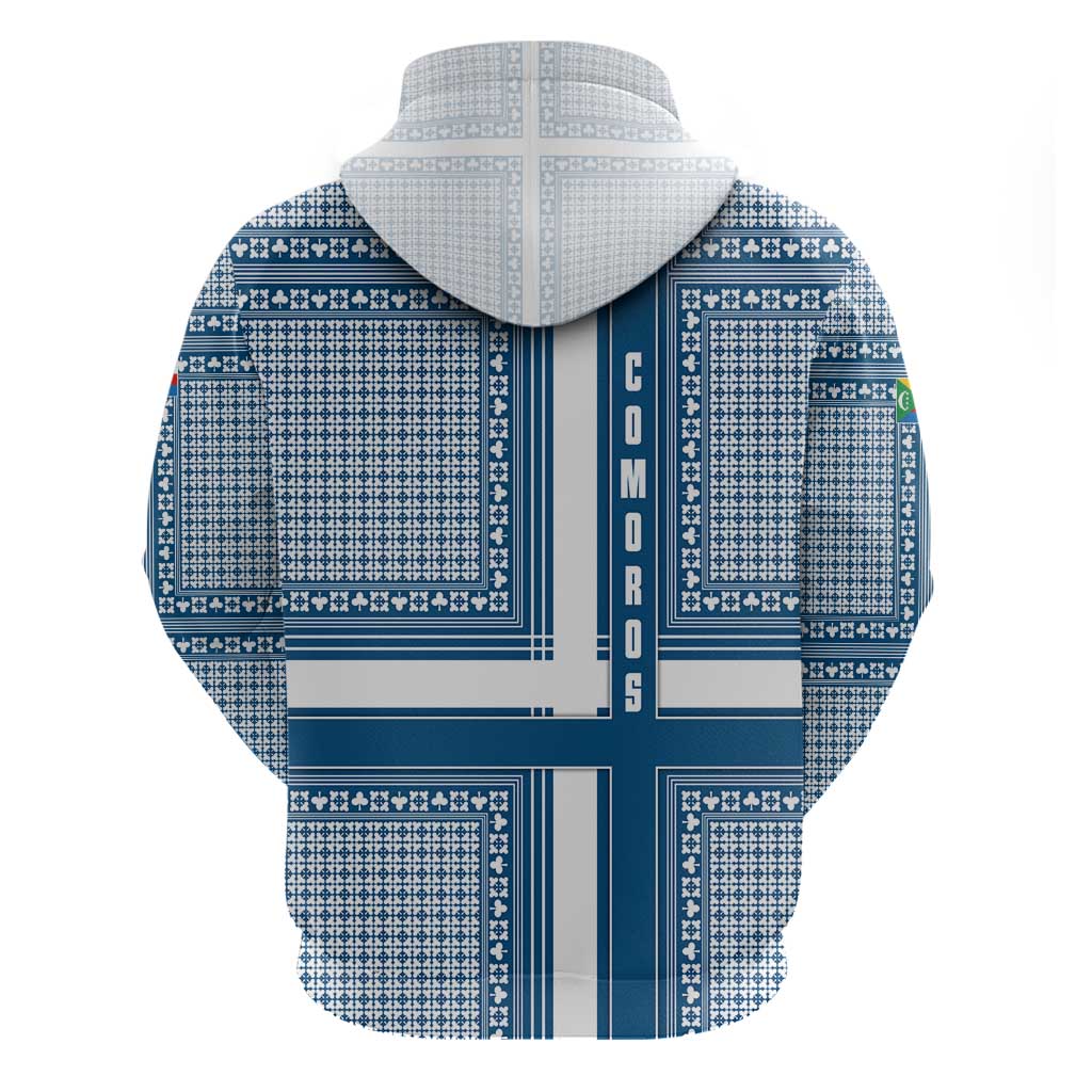 Comoros Zip Hoodie with Blue and White Traditional Geometric Pattern and National Flag Detail