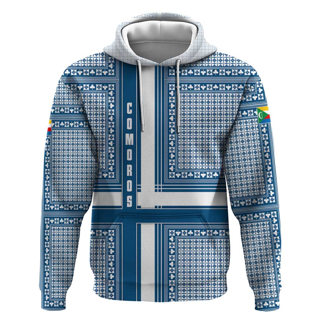 Comoros Zip Hoodie with Blue and White Traditional Geometric Pattern and National Flag Detail