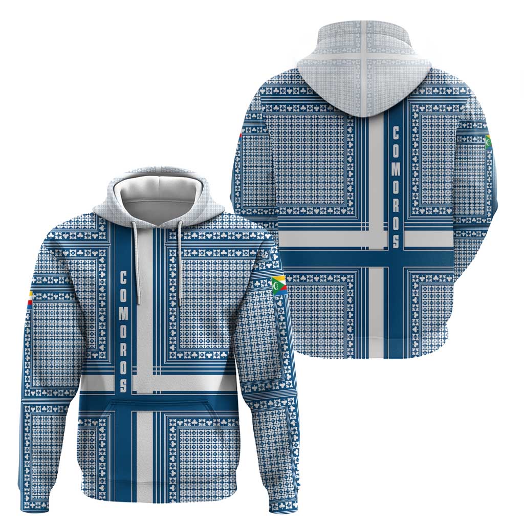 Comoros Zip Hoodie with Blue and White Traditional Geometric Pattern and National Flag Detail