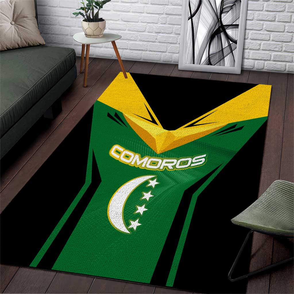 Comoros Area Rug with National Colors Green Yellow Black Crescent Moon and Stars Emblem