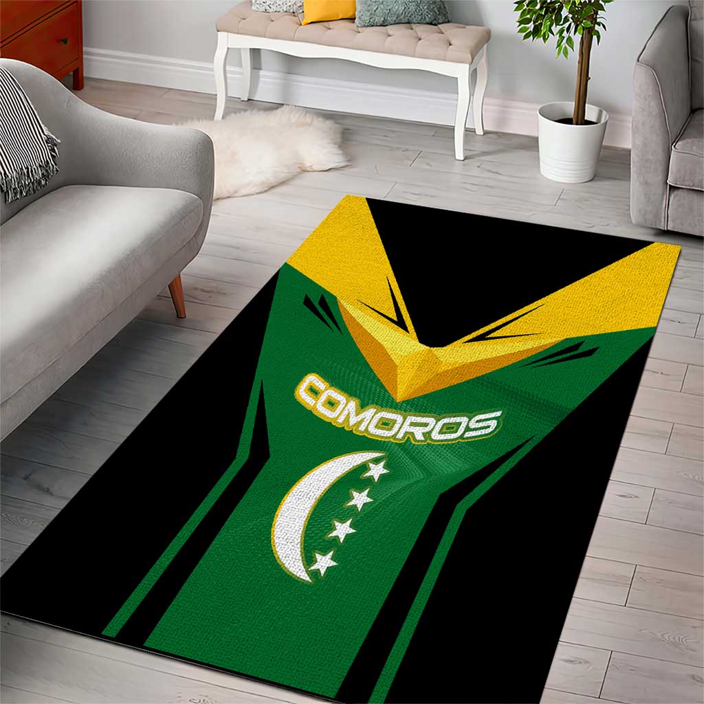 Comoros Area Rug with National Colors Green Yellow Black Crescent Moon and Stars Emblem