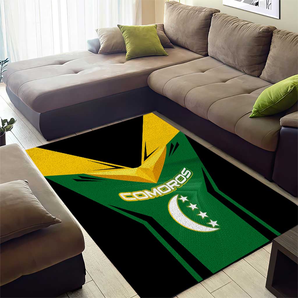 Comoros Area Rug with National Colors Green Yellow Black Crescent Moon and Stars Emblem