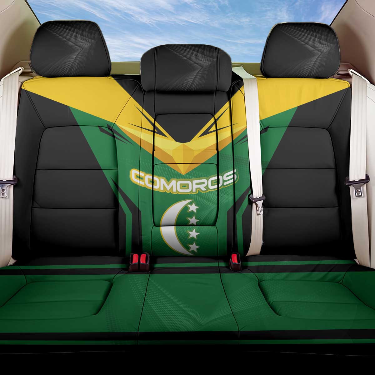 Comoros Back Car Seat Cover with National Colors Green Yellow Black Crescent Moon and Stars Emblem