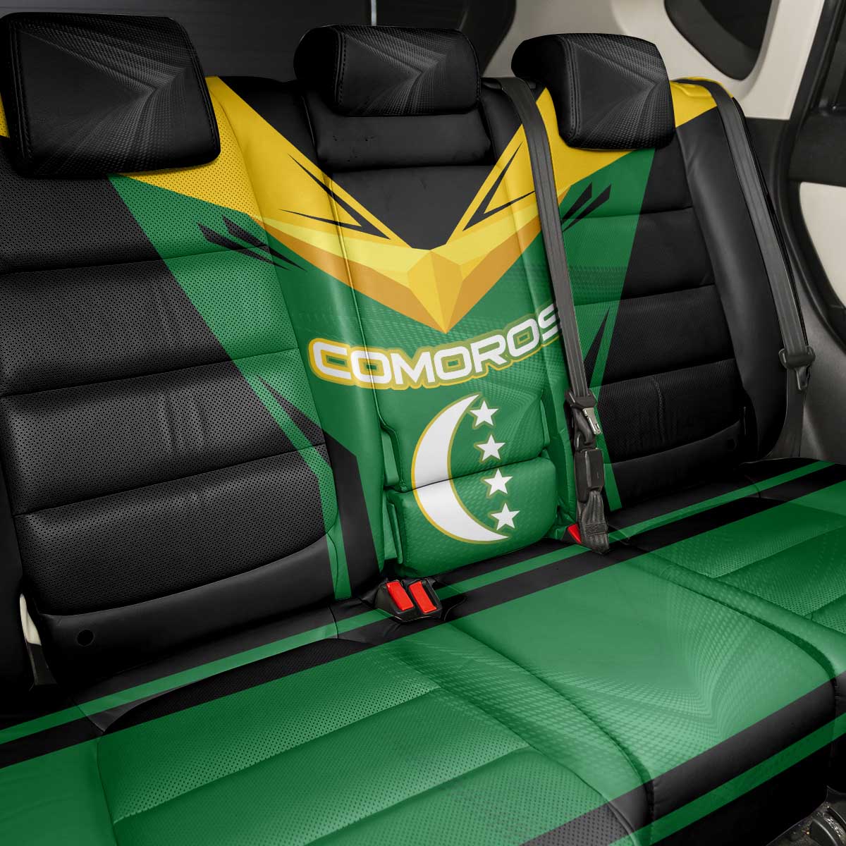 Comoros Back Car Seat Cover with National Colors Green Yellow Black Crescent Moon and Stars Emblem