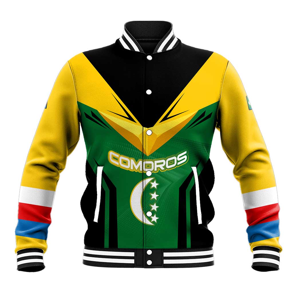 Comoros Baseball Jacket with National Colors Green Yellow Black Crescent Moon and Stars Emblem