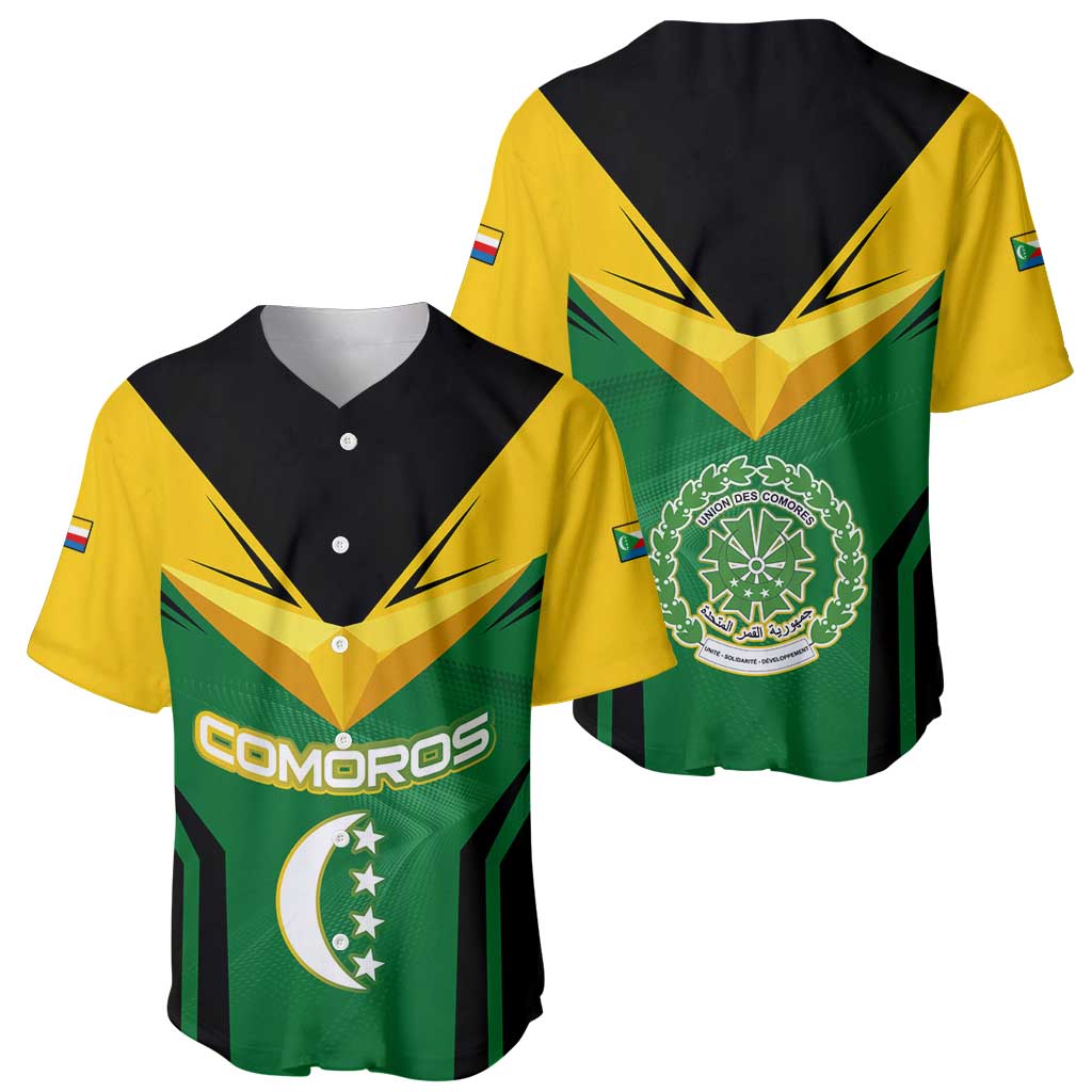 Comoros Baseball Jersey with National Colors Green Yellow Black Crescent Moon and Stars Emblem