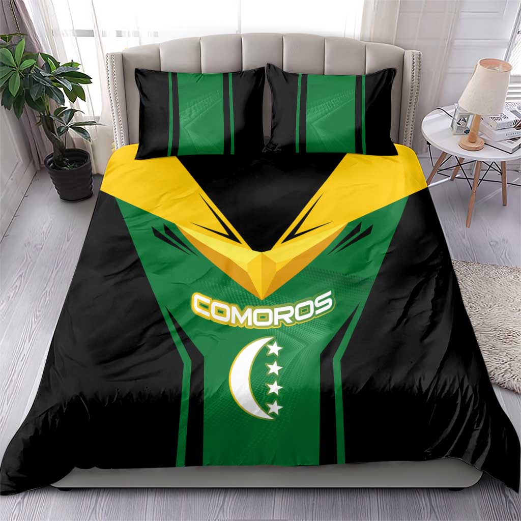 Comoros Bedding Set with National Colors Green Yellow Black Crescent Moon and Stars Emblem