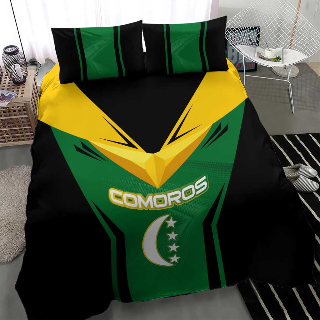 Comoros Bedding Set with National Colors Green Yellow Black Crescent Moon and Stars Emblem