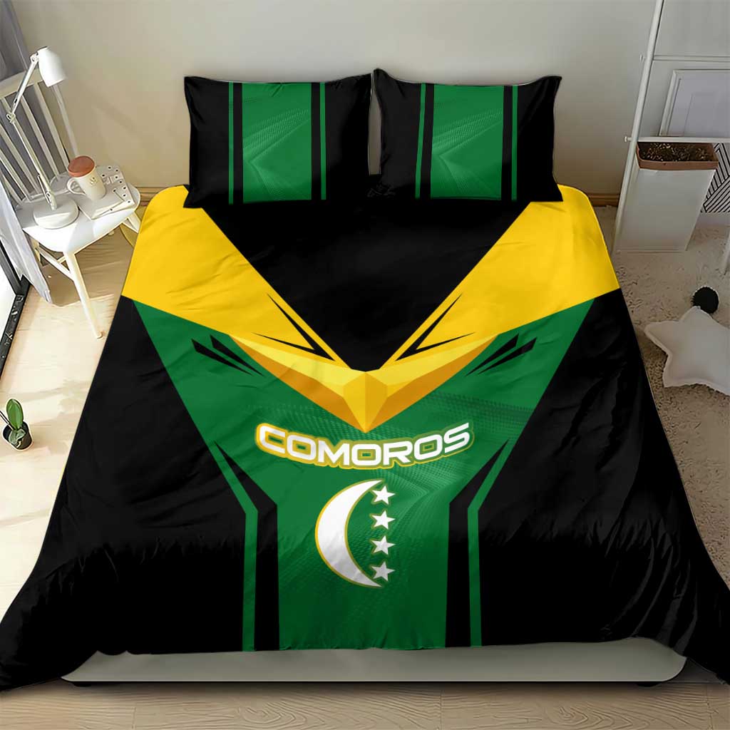 Comoros Bedding Set with National Colors Green Yellow Black Crescent Moon and Stars Emblem